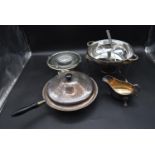A collection of 20th century silver plated items. To include a lidded pan, a serving dish with