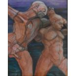 A large framed and glazed oil on canvas laid on board, figural study, male and female, unsigned. H.