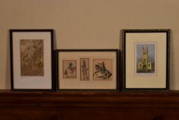 Three framed and glazed hand coloured engravings. One of a church, a map of Breknock by Emanuel