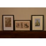 Three framed and glazed hand coloured engravings. One of a church, a map of Breknock by Emanuel