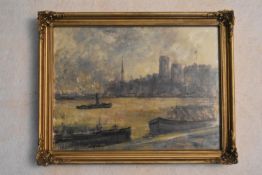 A gilt framed oil on board, boats in a city dock, signed C H Mackie. H.35 W.45cm