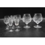 A pair of Stuart crystal cut brandy glasses with makers mark to base and a collection of five