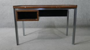 A vintage teak writing table on a metal frame. H.73 W.107 D.53cm