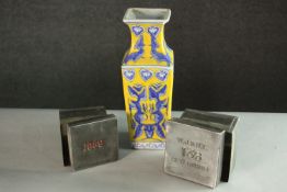 Two old metal tea cannisters and a Chinese vase. H.23cm (vase).