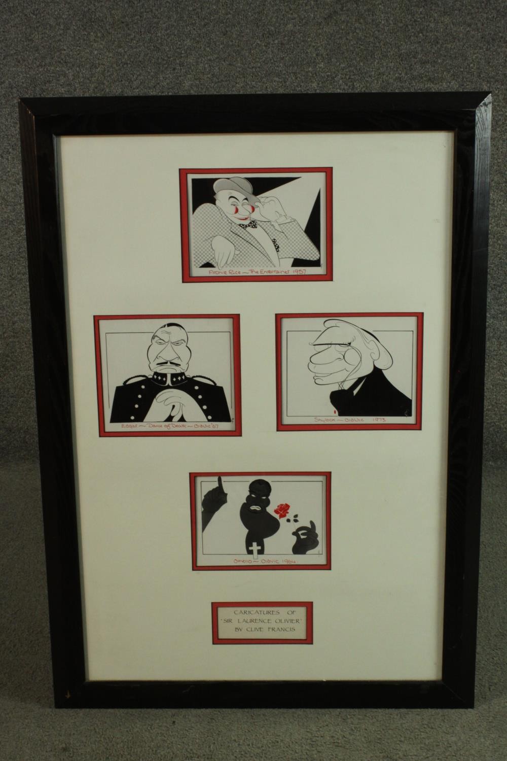 Four prints of Laurence Olivier caricatures by Clive Francis. Framed and glazed as one. H.86 W.60cm.