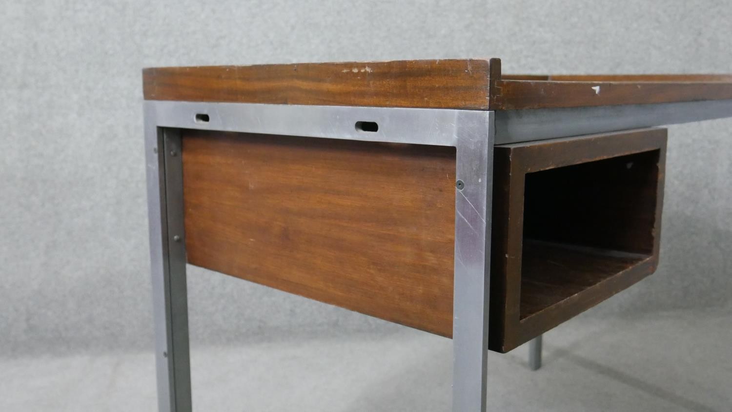 A vintage teak writing table on a metal frame. H.73 W.107 D.53cm - Image 5 of 5