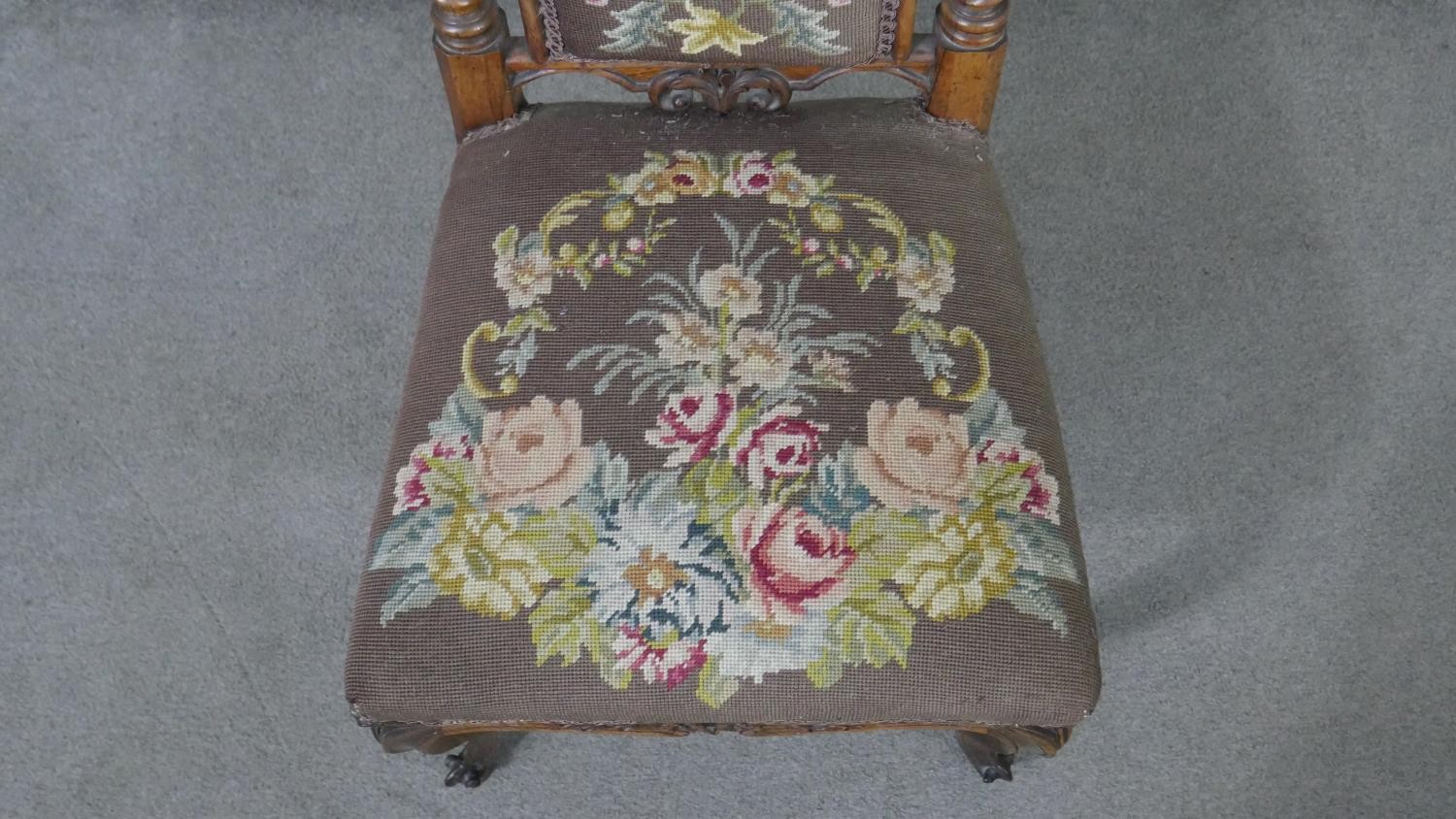 A Victorian carved rosewood prie dieu chair with barleytwist pilasters and floral tapestry - Image 2 of 6