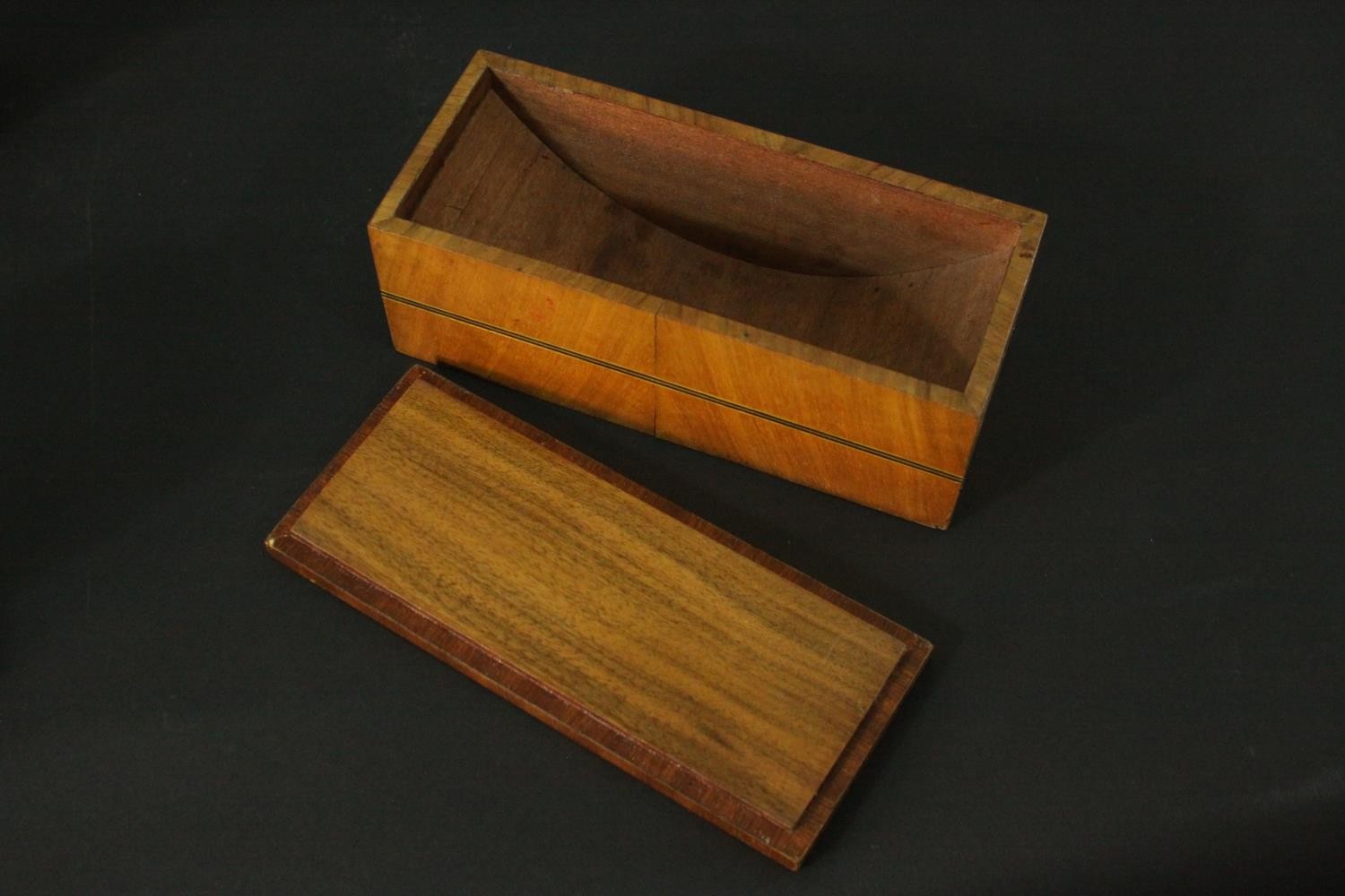 A collection of treen items. Including a Tunbridge ware box, a burr maple box, a leather and - Image 8 of 11