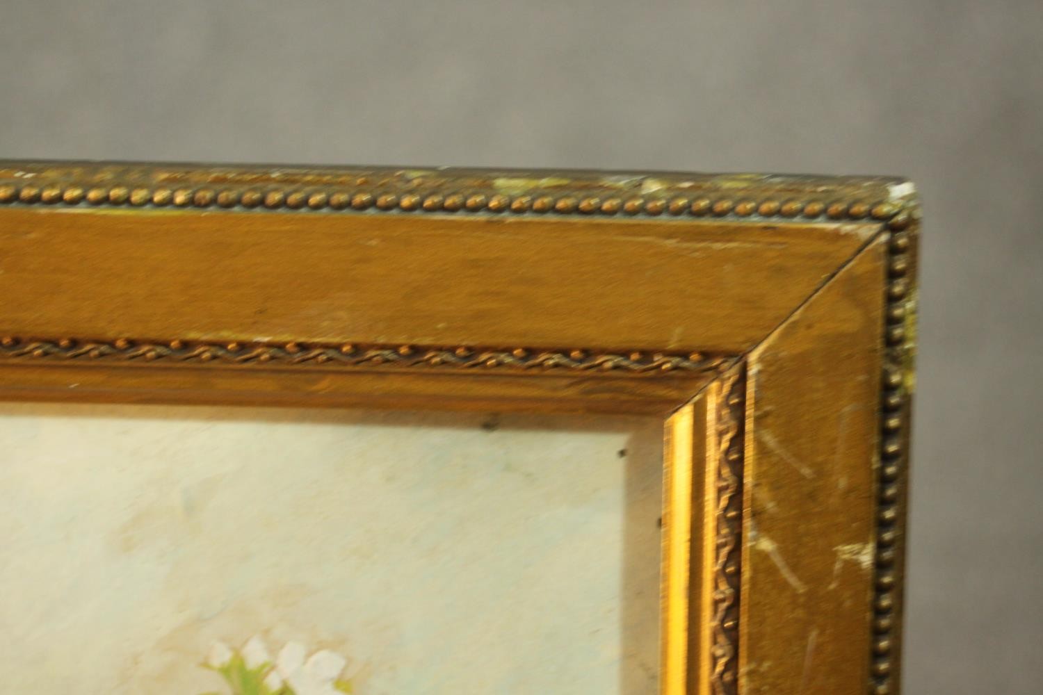 A framed acrylic still life of a vase of fruit blossom. Signed Phyllis Holland, 1947. H.61 W.46cm. - Image 4 of 6