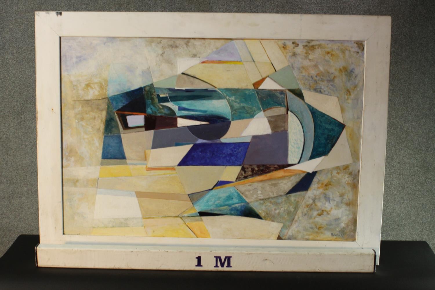 Jane Harris (1956-) A framed Cubist style abstract oil on board. Signed and dated. H.74 W.104cm. - Image 5 of 5