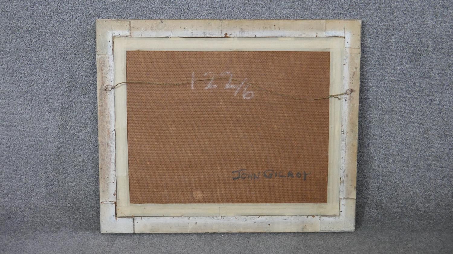 John Gilroy (1898 - 1985) A framed oil on board, rowing boats on the river, signed verso. H.50 W. - Image 4 of 4