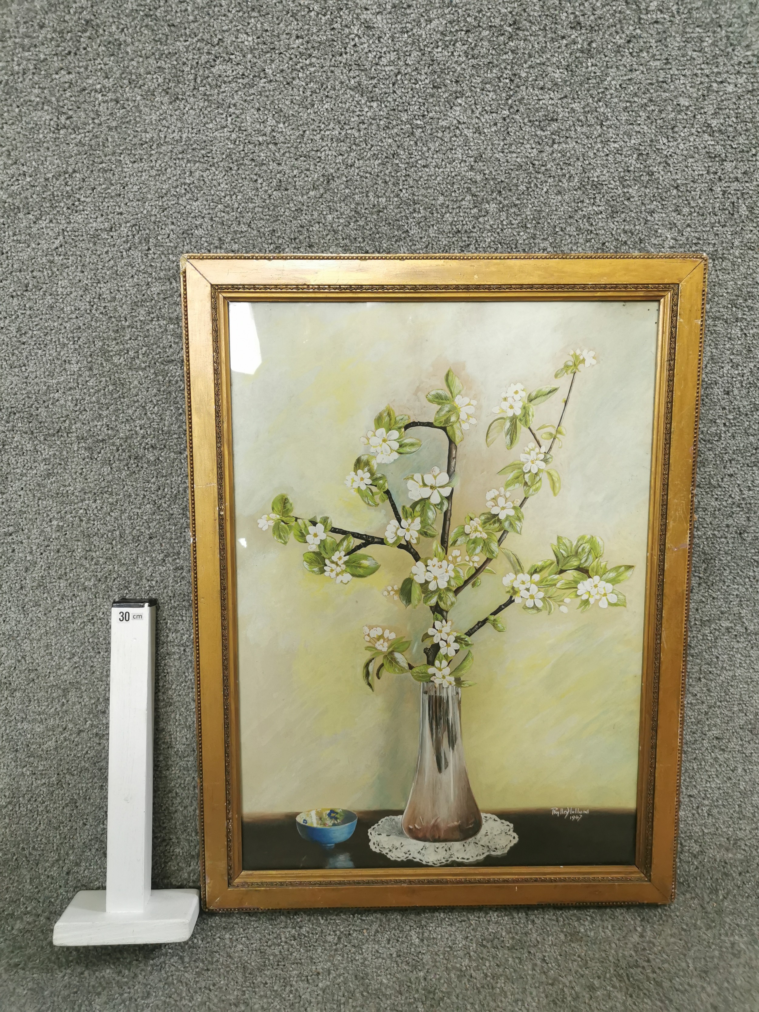 A framed acrylic still life of a vase of fruit blossom. Signed Phyllis Holland, 1947. H.61 W.46cm. - Image 6 of 6