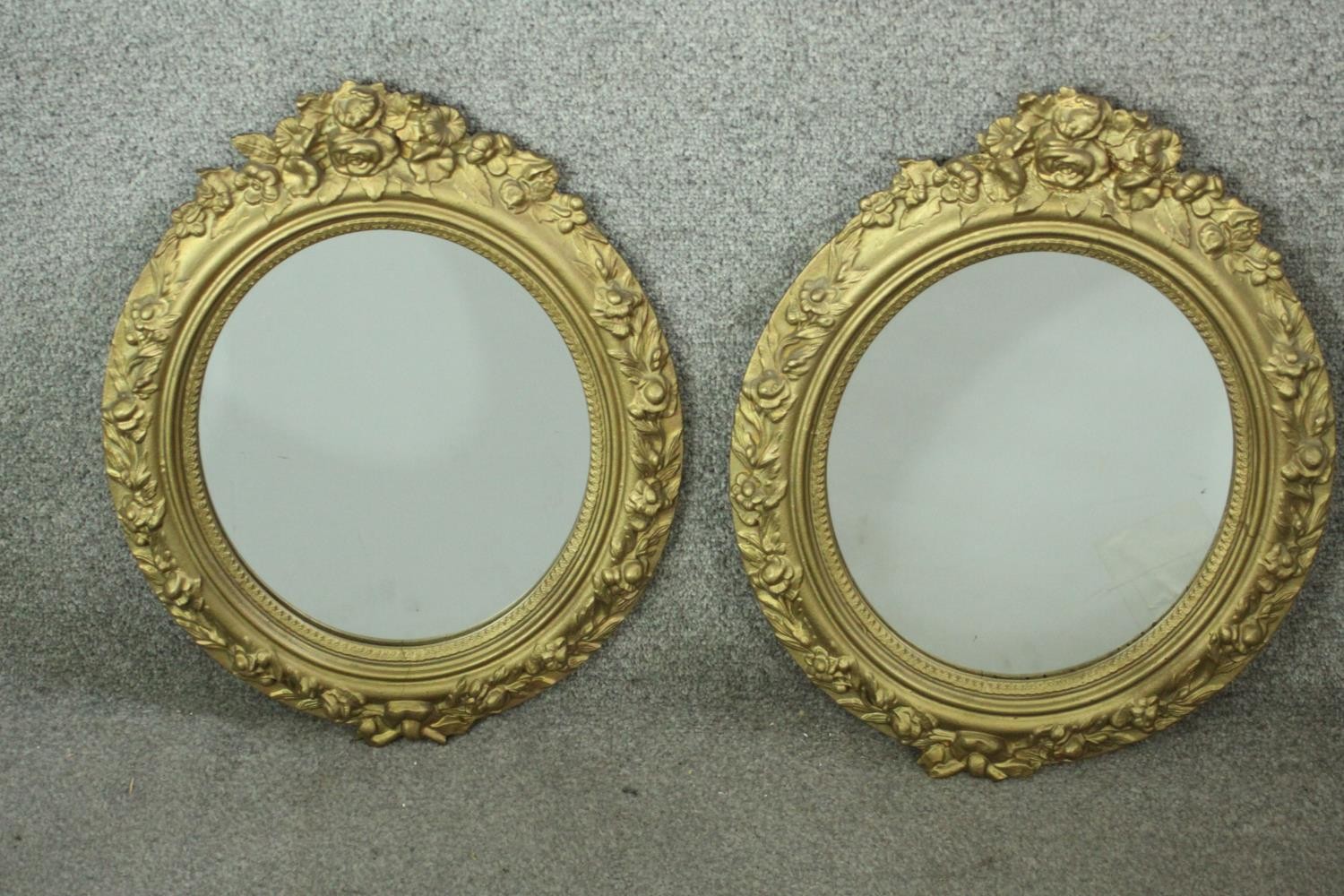 Mirrors, pair 19th century gilt and gesso. H.49 W.40cm.