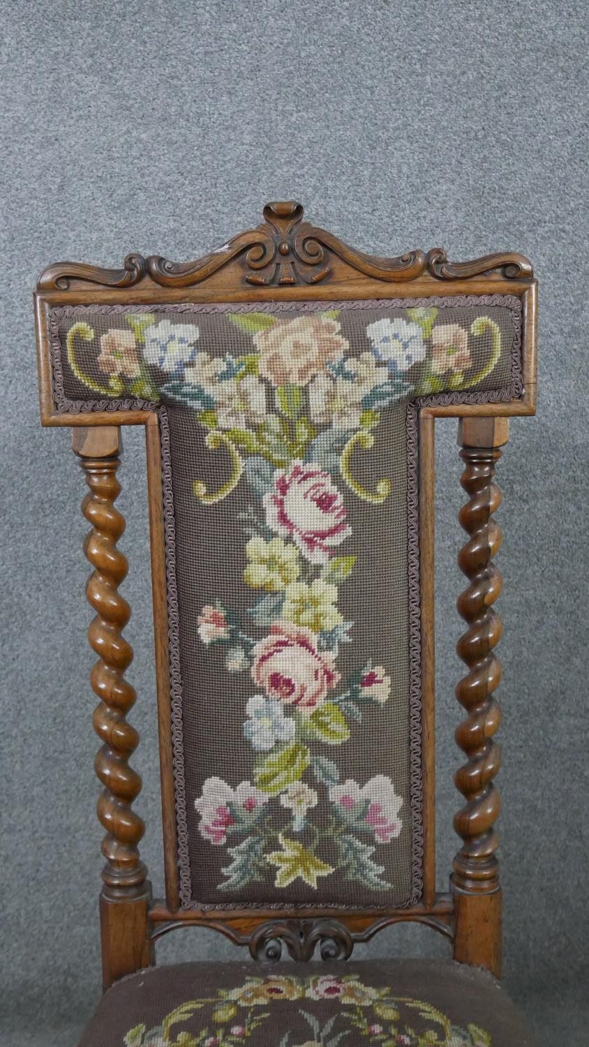 A Victorian carved rosewood prie dieu chair with barleytwist pilasters and floral tapestry - Image 3 of 6