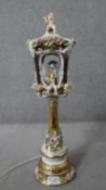 A large vintage Capodimonte style ceramic hand painted gilded lantern form table lamp with floral