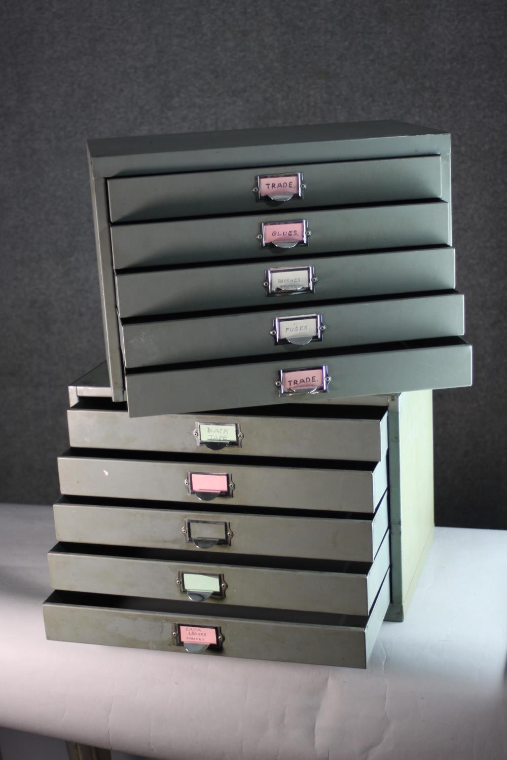 A pair of metal desk top specimen or stationery cabinets. H.30 W.45 D.30 cm (each) - Image 3 of 4