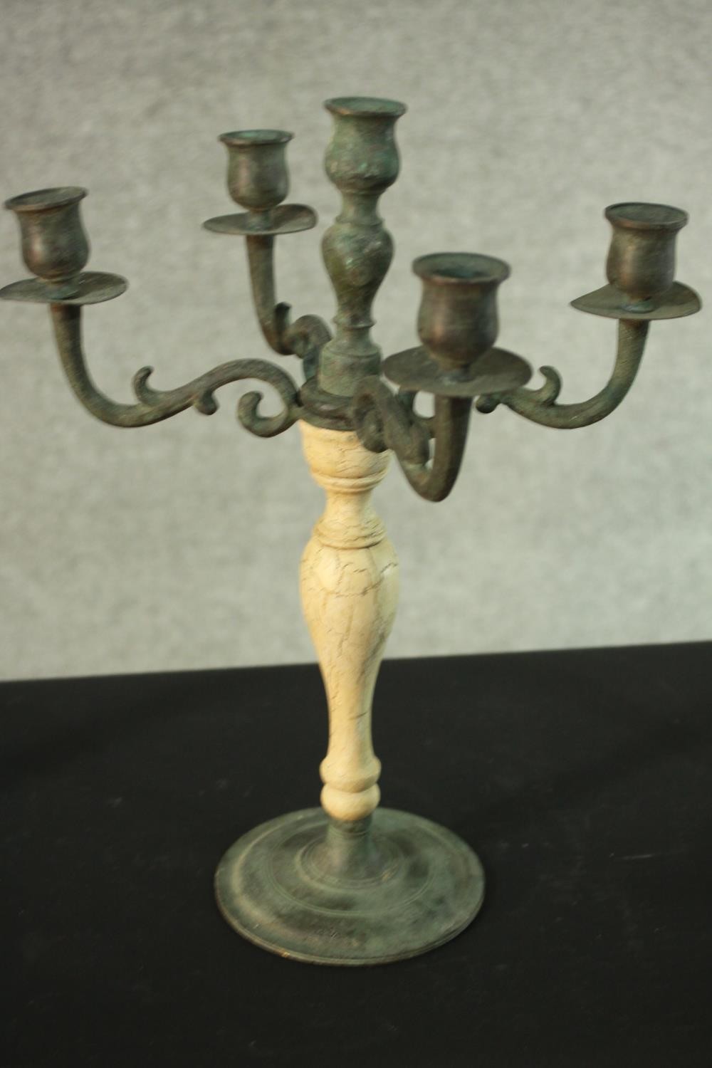 A 19th century style bronzed and faux marble candelabra and a pair of matching candlesticks. H.36 - Image 3 of 4