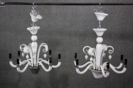 Chandeliers, pair six branch Venetian style opaque glass. (one is missing two finials the other