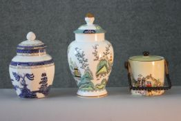 A collection of ceramics and porcelain. Including a Hanley biscuit barrel with floral design, a
