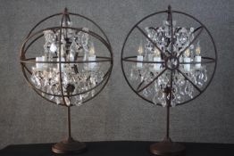 Table lamps, pair, metal frames with six branches with crystal drops. H.83cm.