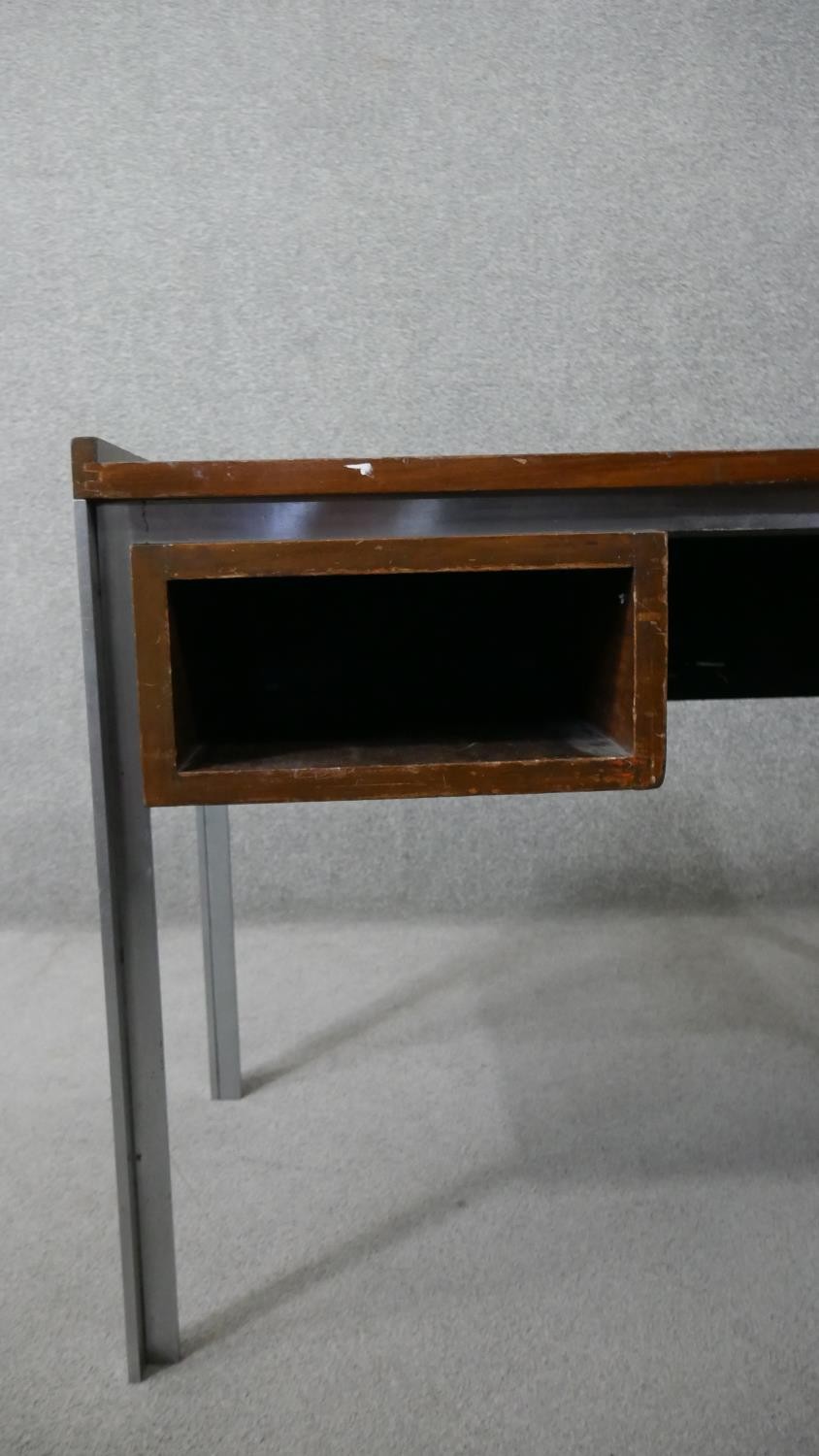 A vintage teak writing table on a metal frame. H.73 W.107 D.53cm - Image 3 of 5