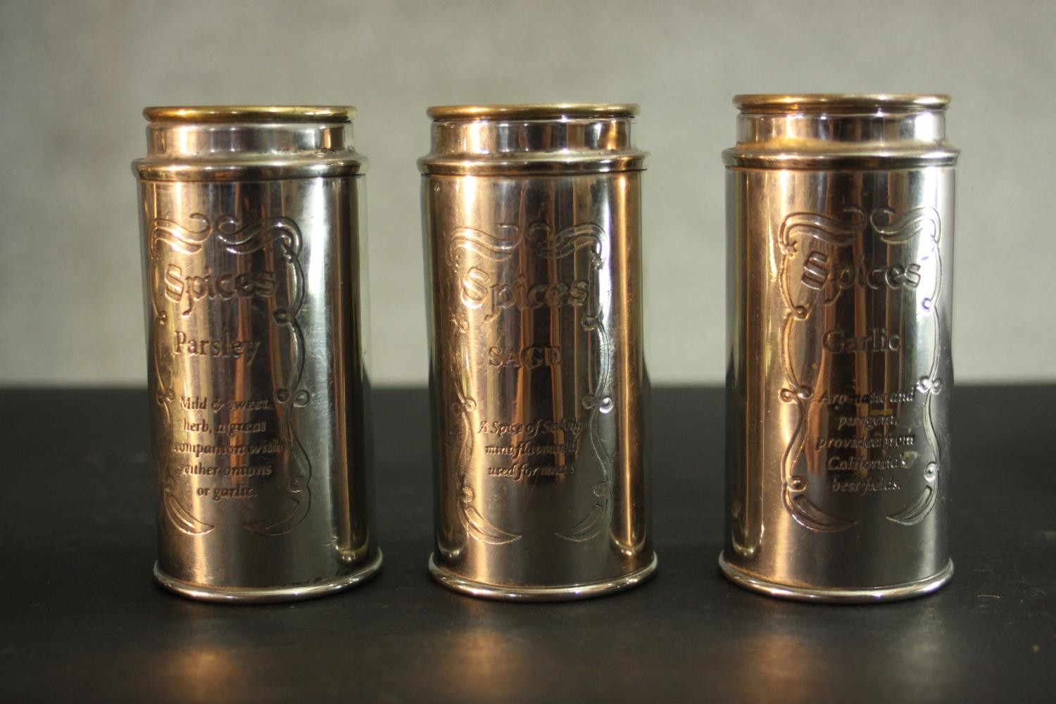 A silver plated Chinese dragon card tray, three lidded spice cannisters and other silver plate. H.10 - Image 3 of 8