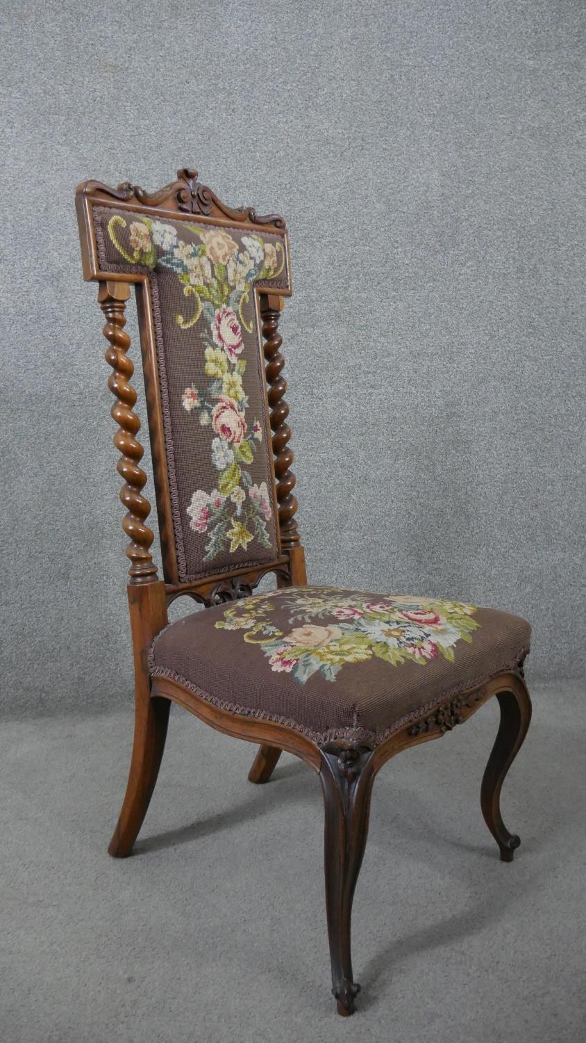 A Victorian carved rosewood prie dieu chair with barleytwist pilasters and floral tapestry - Image 6 of 6