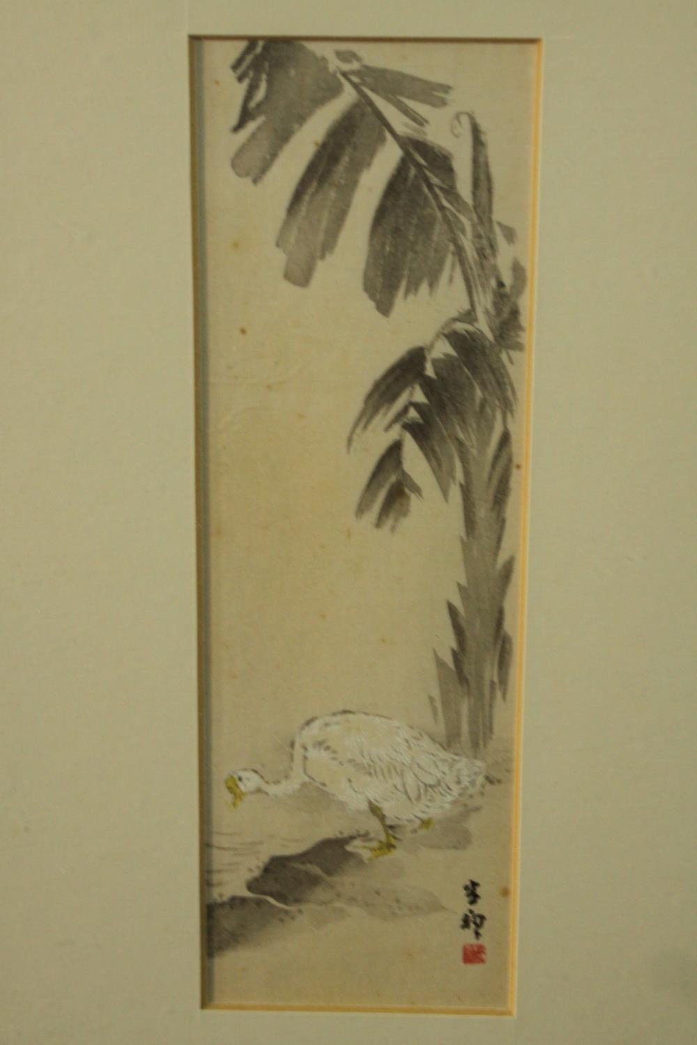 Two framed and glazed 19th century Japanese woodblock prints. One of a goose drinking at a lake - Image 3 of 10
