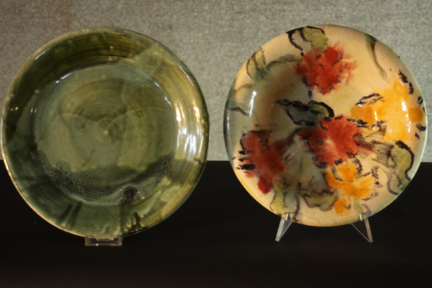 Two hand decorated art pottery bowls, each signed. H.9 Dia.29 cm. (largest) - Image 2 of 8