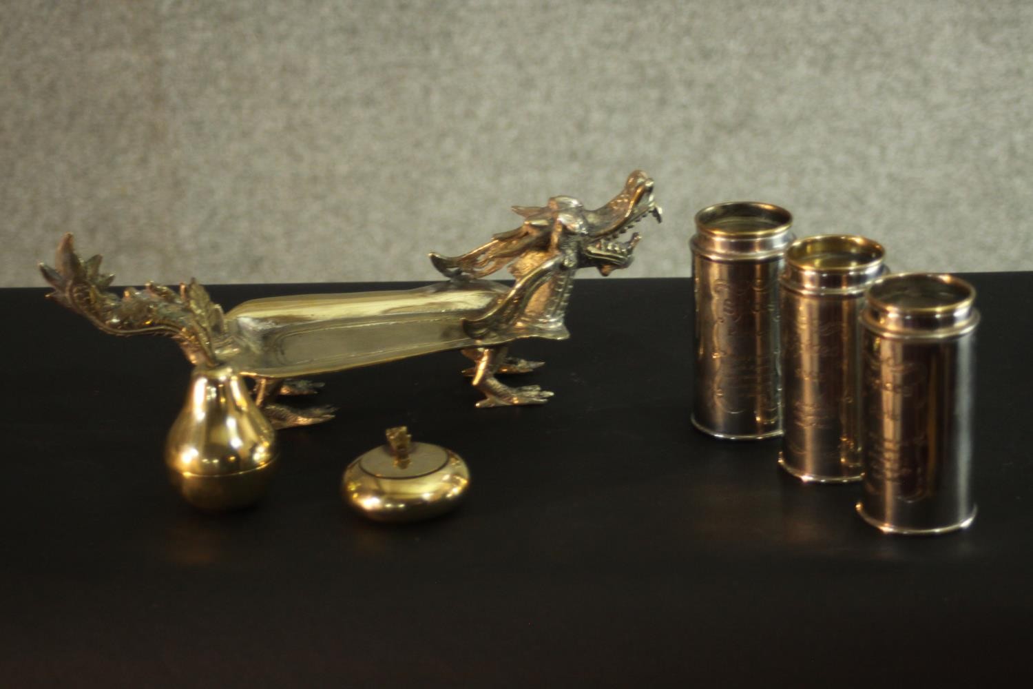A silver plated Chinese dragon card tray, three lidded spice cannisters and other silver plate. H.10 - Image 2 of 8