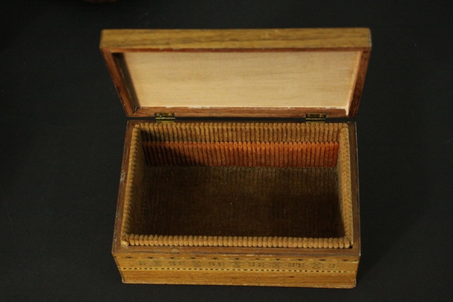 A collection of treen items. Including a Tunbridge ware box, a burr maple box, a leather and - Image 2 of 11