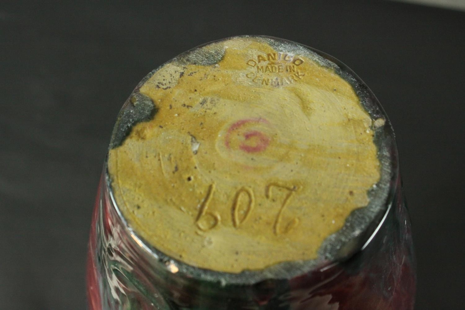 Danico of Denmark art pottery vase, floral Art Nouveau inspired design on ruby ground. Makers mark - Image 5 of 6