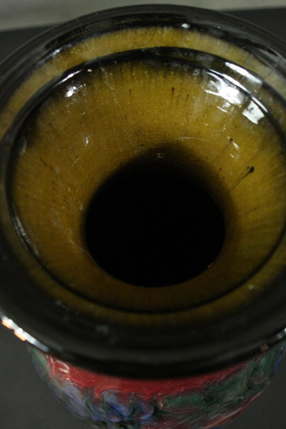 Danico of Denmark art pottery vase, floral Art Nouveau inspired design on ruby ground. Makers mark - Image 4 of 6