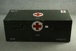 A large vintage Red Cross field box. painted ply and metal bound. H.46 W.124 D.56 cm.