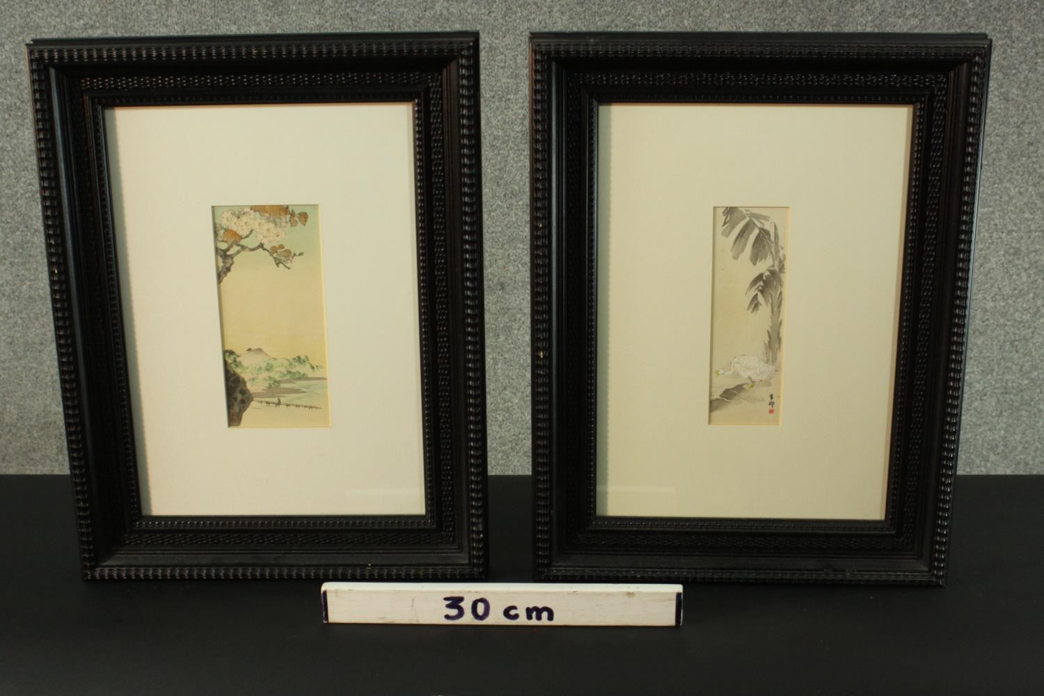 Two framed and glazed 19th century Japanese woodblock prints. One of a goose drinking at a lake - Image 10 of 10