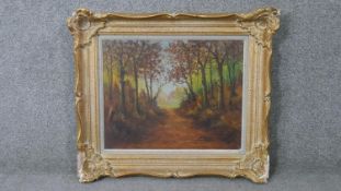 A carved gilt framed oil on canvas of a tree avenue in autumn, signed Bryne. H.60 W.70cm