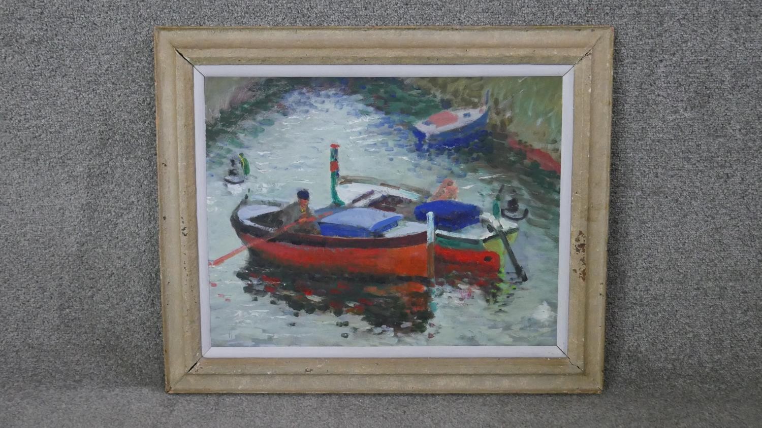 John Gilroy (1898 - 1985) A framed oil on board, rowing boats on the river, signed verso. H.50 W. - Image 2 of 4