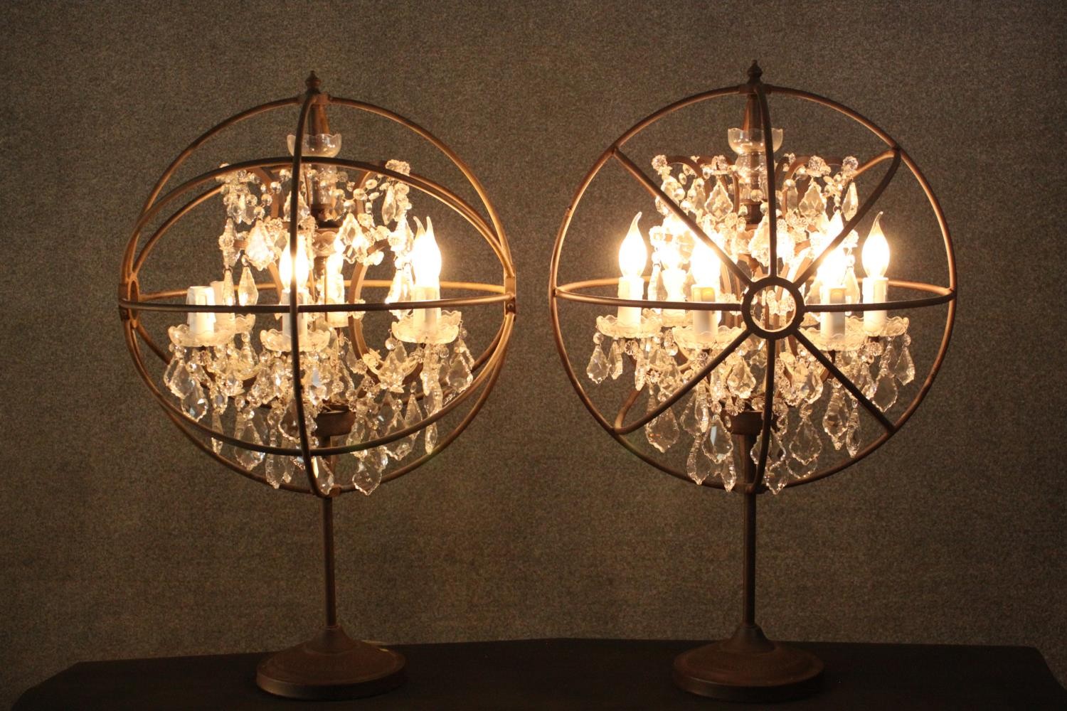 Table lamps, pair, metal frames with six branches with crystal drops. H.83cm. - Image 2 of 7