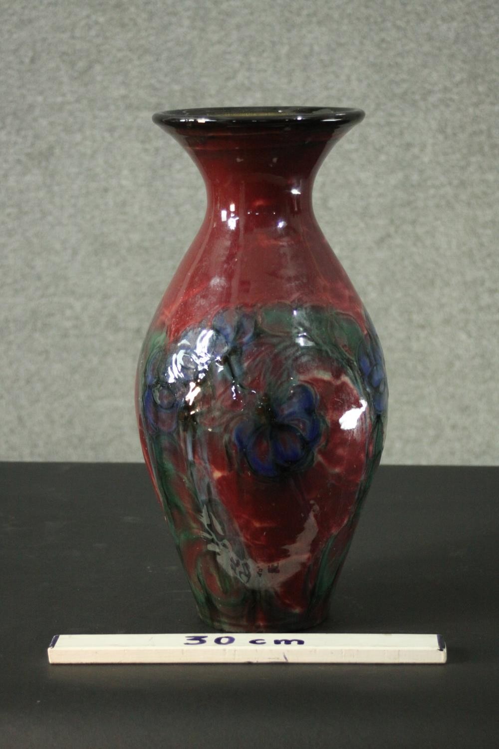 Danico of Denmark art pottery vase, floral Art Nouveau inspired design on ruby ground. Makers mark - Image 6 of 6