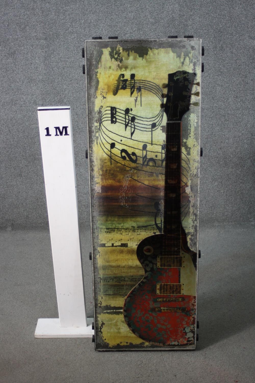 A large mixed media artwork on panel of a Gibson guitar among music notes, with studded detailing - Image 2 of 4