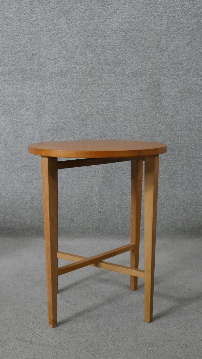 A vintage light teak nest of tables on beech supports fitted with three slide out drop flap - Image 7 of 8