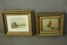 A 19th century framed and glazed watercolour, lakescape along with a 19th century oil of a seascape.