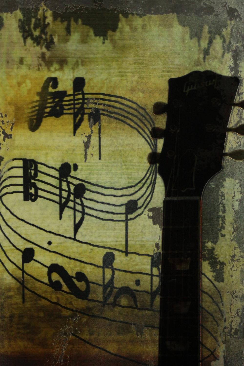 A large mixed media artwork on panel of a Gibson guitar among music notes, with studded detailing - Image 3 of 4