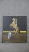 An unframed oil on canvas of a man on a horse spearing a shark. Unsigned. H.78 W.68cm