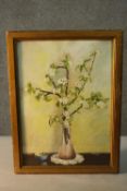 A framed acrylic still life of a vase of fruit blossom. Signed Phyllis Holland, 1947. H.61 W.46cm.
