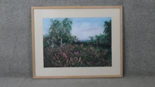 A framed and glazed oil pastel on paper titled ' Heather at Shirley Hills, Croydon', Unsigned, label