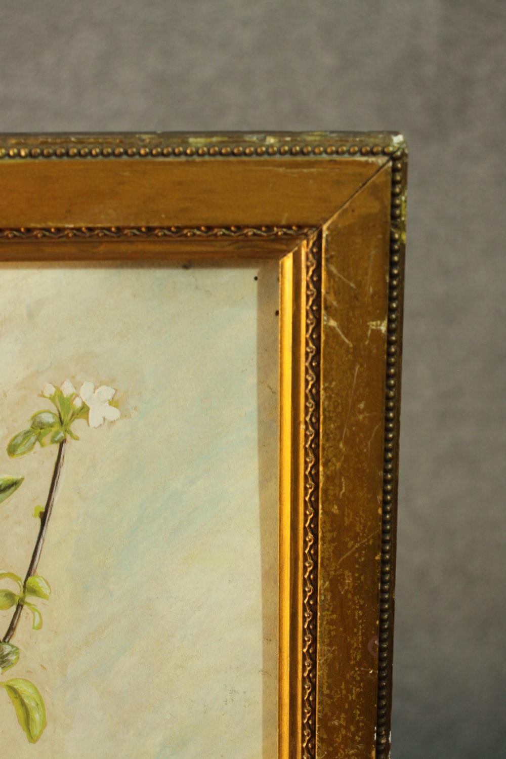 A framed acrylic still life of a vase of fruit blossom. Signed Phyllis Holland, 1947. H.61 W.46cm. - Image 2 of 6