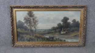 A mid century gilt framed oil on canvas of a riverscape with thatched cottage. Signed S. Hall. H.