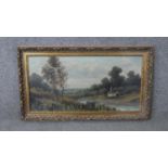 A mid century gilt framed oil on canvas of a riverscape with thatched cottage. Signed S. Hall. H.