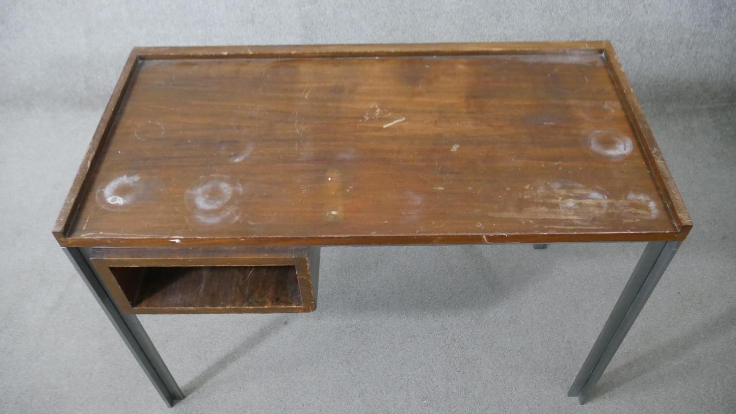 A vintage teak writing table on a metal frame. H.73 W.107 D.53cm - Image 2 of 5